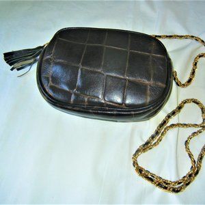 Vintage L.J. LJ SIMONE Black/Brown Leather Faux Croc Crossbody Shoulder Bag